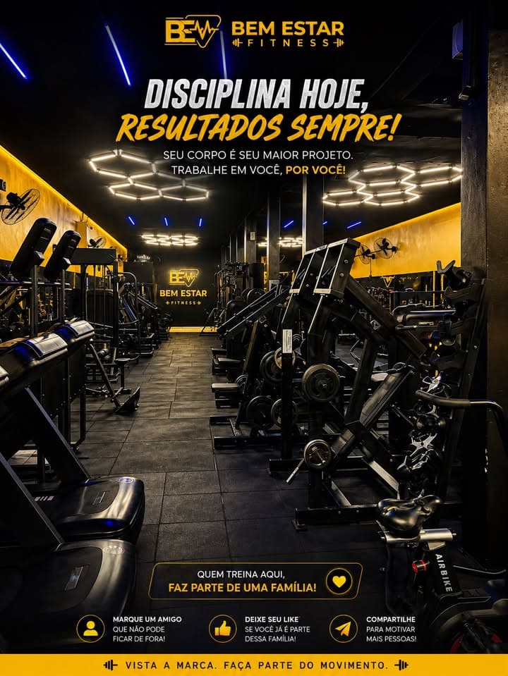 Salão de musculação da Bem Estar Fitness com equipamentos e iluminação em amarelo — Disciplina hoje, resultados sempre!